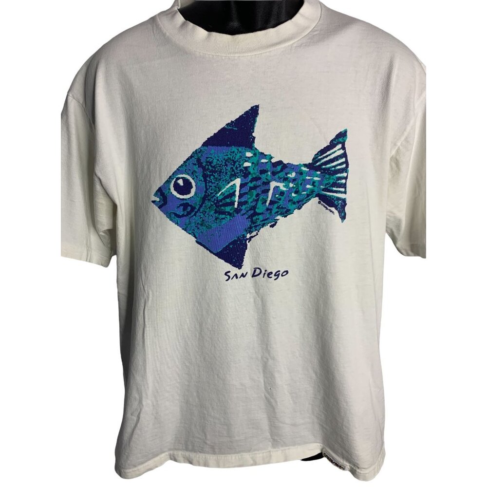 Vintage Mens Single Stitch San Diego Blue Fish Crewneck Short Sleeve Sz L - Picture 1 of 5